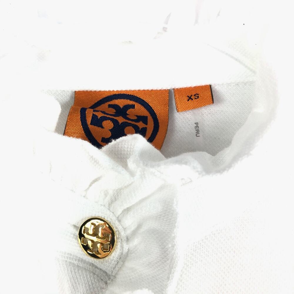 Tory Burch White Pima Cotton Emily Ruffle Trim Polo Shirt Gold Logo Buttons XS - Picture 3 of 5